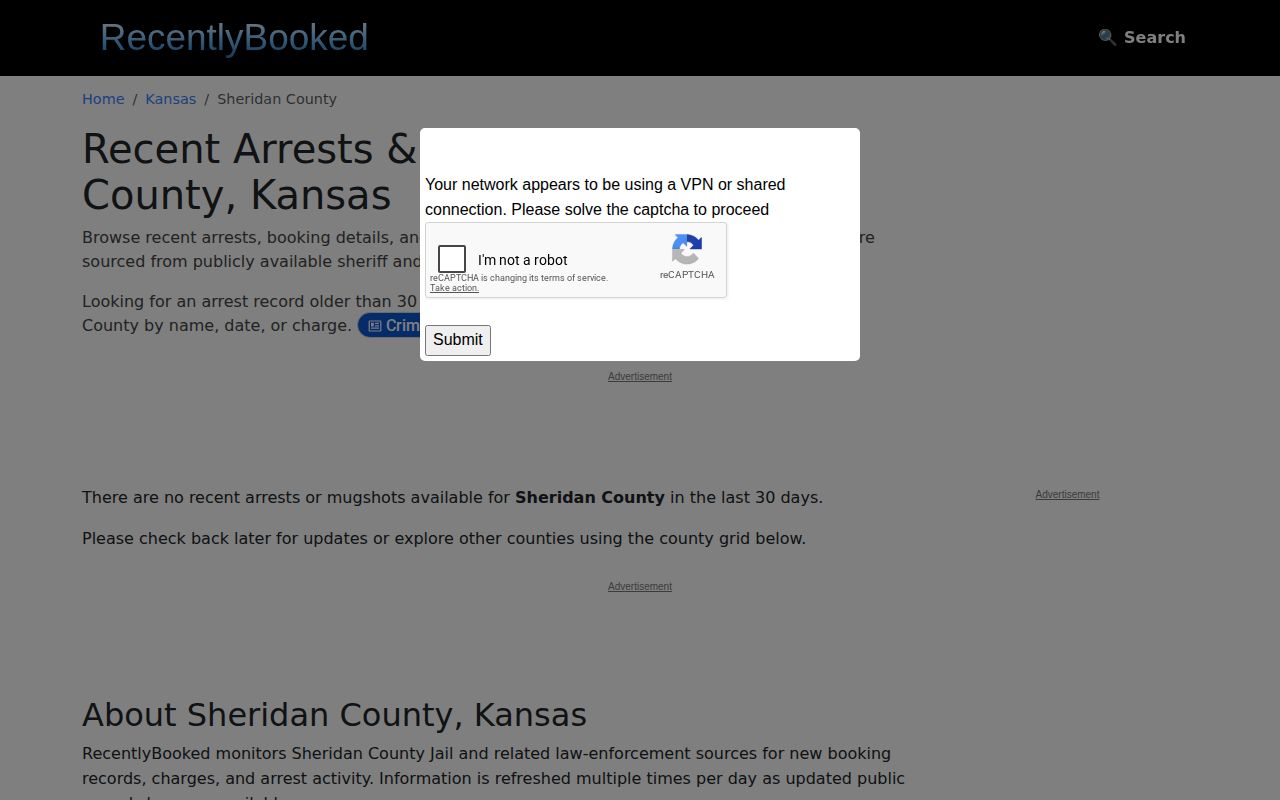 Unofficial Sheridan County recent booking record coverage screen